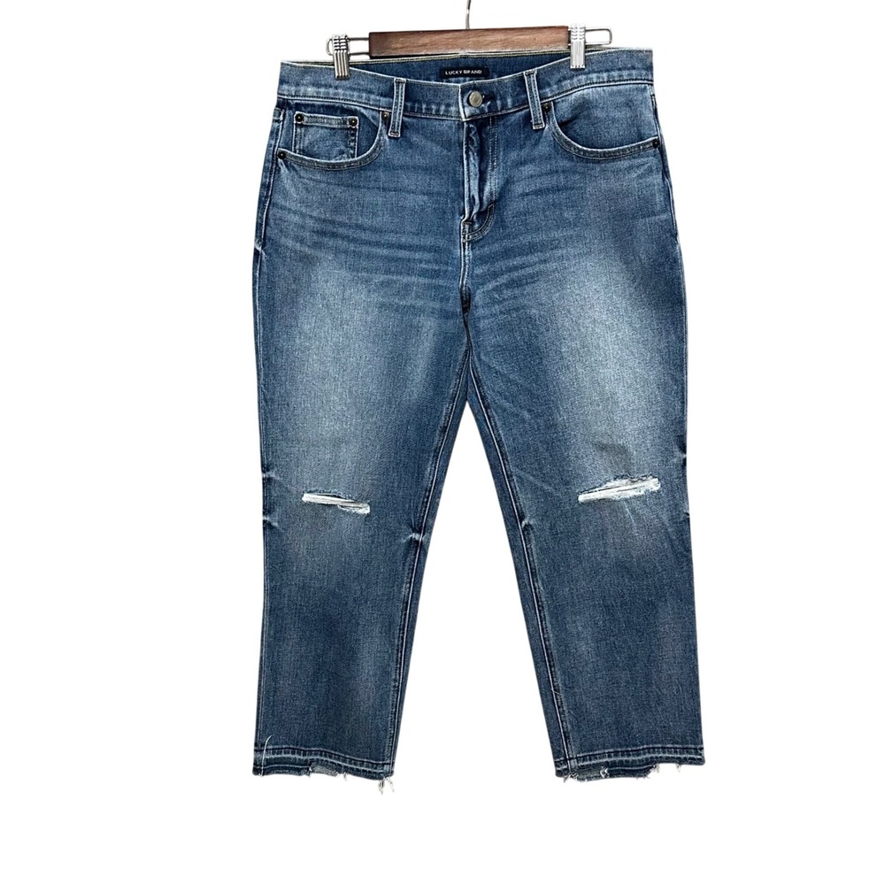 Lucky Brand Women Mid‎ Rise Sienna Boyfriend Crop Jeans Distressed Medium Wash 8
